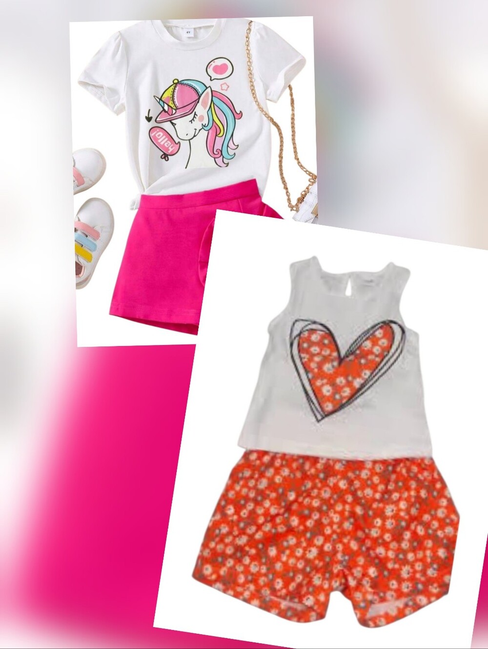 2 Girls Short Sets Unicorn W/Hot Pink Skort - Orange Daisy Heart Print Set